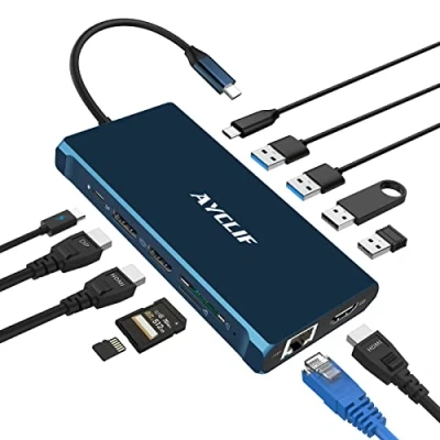 Immagine di AYCLIF 12 in 1 USB C Hub, Docking Station Triple Display 4K DP/2*HDMI (5 Gbps A/C 3.0,1G Ethernet, PD 100W, 3,5 mm MIC, SD/TF), Adattatore MacBook Pro/Air per Dell, HP, Lenovo