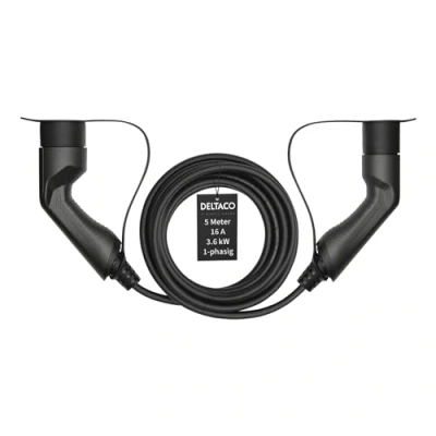 Immagine di DELTACO Cavo di Ricarica EV/Auto elettrica, Tipo 2 a 2, modalità 3, monofase, intensità 16A, Potenza 3,6 KW, Standard IEC 62196 Nero, Garanzia 3 Anni, Lunghezza 5 m