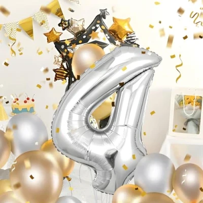 Immagine di Palloncini Compleanno 4 Anni Argento 101 CM Palloncino Numero Decorazioni Vola con l’Elio