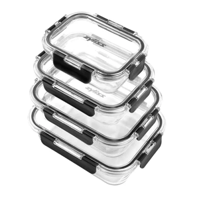 Immagine di Zyliss E981067 Set di 4 contenitori in vetro infrangibile, ermetici per alimenti, con coperchio sigillabile, adatti al microonde, senza BPA, congelatore, frigorifero,