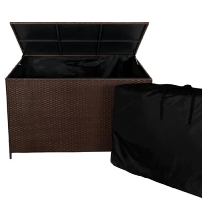 Immagine di Box portaoggetti Cassapanca da giardino in rattan Marrone 582L, sollevamento assistito del coperchio Telaio Acciaio Resistente borsa inclusa impermeabile, Ruote, ideale per cuscini d’angolo Jardi