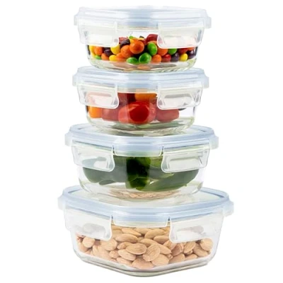 Immagine di Home Fleek Contenitori In Vetro Per Alimenti Con Coperchio Impilabili Meal Prep Ermetici Vetro, Adatti Microonde E Congelatore Cibo Ventro (Set di 4, Blu)