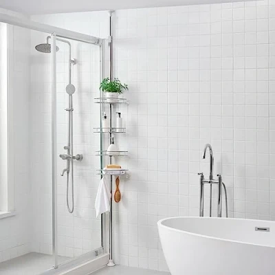 Immagine di [NEU.Haus] Scaffale Angolare da Doccia Organizzatore Bagno Telescopico 90 300 cm in Acciaio con 4 Ripiani e Ganci Color Cromato