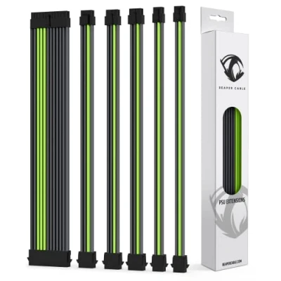 Immagine di Reaper Set di estensioni per alimentatori con manicotto cavi, prolunghe alimentatori, 1 da 24 pin, 2 8 6 4+4 pettini, 30 cm (carbonio e verde)