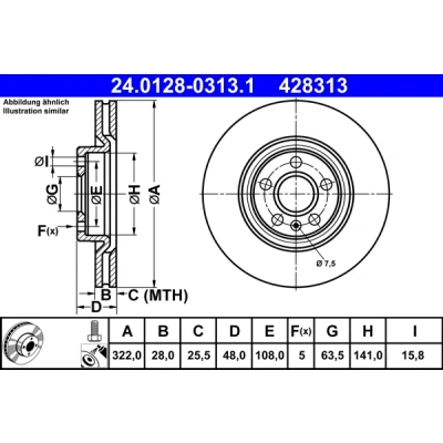 Immagine di ATE 24.0128 0313.1 Disco freno 322,0 28,0 5 108,0 ventilato rivestito ad alto tenore di carbonio con bulloni/viti VOLVO: V60 II, V90 II Station Wagon