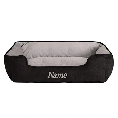 Immagine di lionto Letto per cani 2 in 1 con ingresso confortevole, accogliente cuccia reversibile e gatti, 110x80 cm, cuscino similpelle facile da pulire, nero/grigio (con nome)