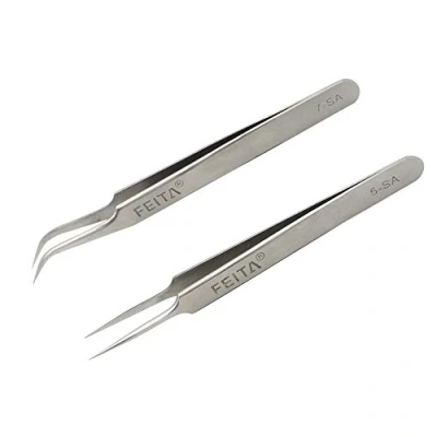 Immagine di Feita, pinzette di precisione professionali in acciaio inox dritte e curve a punta molto fine, set per extension ciglia sopracciglia peli (2 pezzi) argento