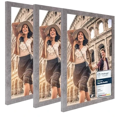 Immagine di CABBEL confezione da tre (3 pezzi) cornici 30x40 cm in legno MDF Grigio (Calcestruzzo) con plexiglass infrangibile/Moderno