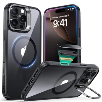 Immagine di ESR Cover per iPhone 16 Pro Max con Cavalletto, Magsafe Custodia Halolock, Protezione di livello militare, Supporto ad anello la fotocamera integrato,Nero Trasparente