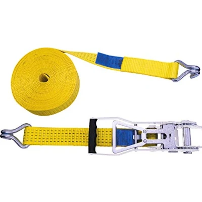 Immagine di PETEX 43193419 Cinghia a cricchetto, lunghezza 8 m, larghezza 50 mm, 2500/5000 Dan, gancio doppia punta, cricchetto da 35 cm, 2 pezzi, colore: giallo