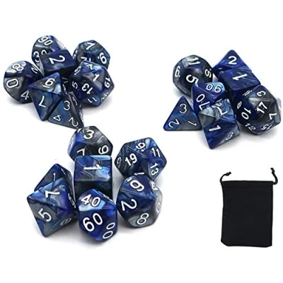 Immagine di DollaTek Dadi poliedrici Set Giochi da Tavolo 3 x 7 (21 Pezzi) Serie Die D20 D12 D10 D8 D6 D4 DND Rpg MTG Doppi Colori One Piece (Blu e Nastro)