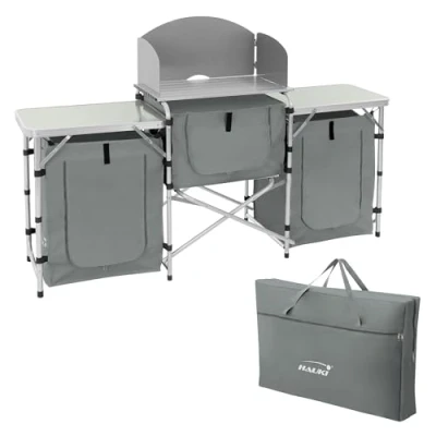 Immagine di Hauki Cucina da Campeggio Mobile e Pieghevole Barbecue Esterno con 3 Piani Telaio in Alluminio Paraspruzzi Frangivento Vani per Utensili Accessori Borsa Trasporto Tessuto Grigio