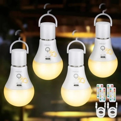 Immagine di Kimjo Lampadina Ricaricabile USB C Con Telecomando Batteria 7W 3 Colore Dimmerabile E27 Senza Fili Touch Control Funzione Temporizzazione Luci Di Emergenza 4 Pack