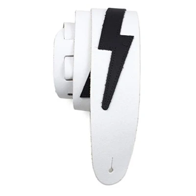 Immagine di Perri&#039;s Leathers Ltd. Tracolla Per Chitarra Pelle The Famous Collection Lightning Bolt Bianco/Nero Regolabile Chitarre Acustiche/Elettriche/Bassi Fabbricata in Canada (BLB 1252)