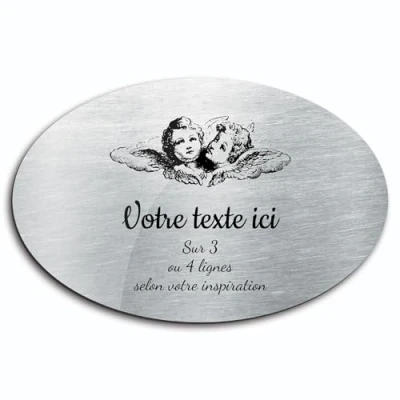 Immagine di Targhetta con scritta &quot;Due teste d&#039;angelo&quot; autoadesiva, modello ovale (20 x 13 cm) personalizzata da 1 a 3 linee in alluminio spazzolato