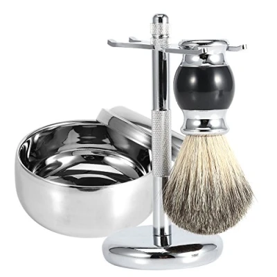 Immagine di rasatura Kit degli uomini,Pennello da barba con setole di puro tasso + lega Sapone tazza ciotola in acciaio inox +Supporti per set Rasoio lusso deluxe e supporto spazzole