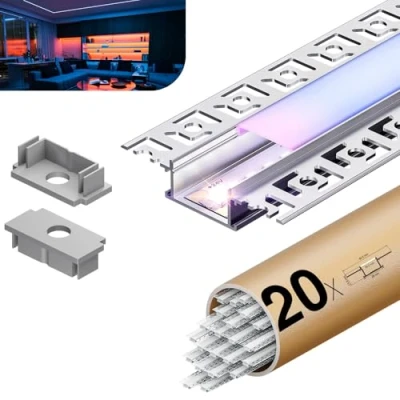 Immagine di KOSOOM Profilo LED per strisce 2 m x 20 pezzi Tol 40 con coperchio in policarbonato opaco opaco, dimensioni 28 mm 13,8 mm, ala 64,2 supporta nastri una larghezza massima di 20,2