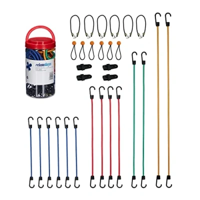 Immagine di Relaxdays Set da 30 Elastici Portapacchi, con Ganci di Fissaggio Pacchi in Auto, Bici, 6 Misure Universali, Multicolore