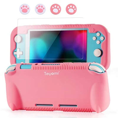 Immagine di Teyomi Custodia protettiva in silicone per Nintendo Switch Lite con pellicola protettiva, 4 tappi Joystick e slot carte di gioco, supporto, design resistente agli urti antigraffio …