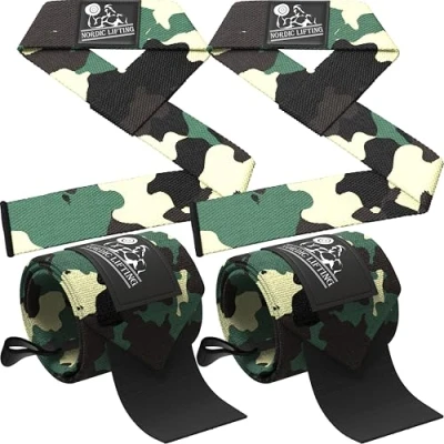 Immagine di Nordic Lifting Set di Fasci da Polso + Cinghie Sollevamento (2 Coppie) per Pesi, Crossfit, Allenamento in Palestra, Powerlifting, Bodybuilding Mimetico Verde