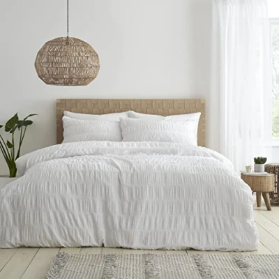 Immagine di Catherine Lansfield Seersucker Set copripiumino king size con federe, colore: bianco