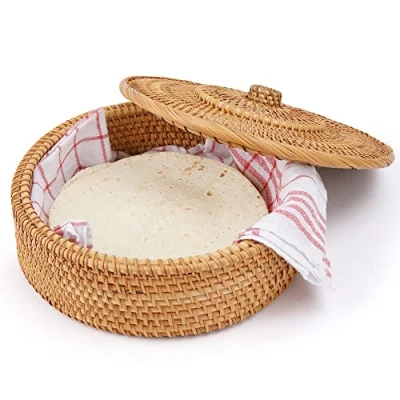Immagine di Tortillada Cestino scalda tortilla da 26 cm in rattan con asciugamano cotone 100%.