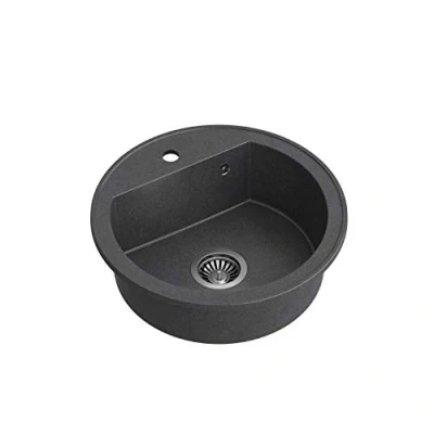 Immagine di QUADRON lavello rotondo dimensioni 51 x 18 cm, diametro Ø 43, nero e acciaio in granito JOHNNY 210 da incasso con foro per rubinetto cucina a una vasca