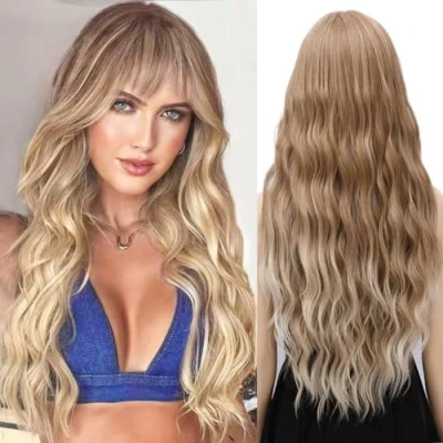 Immagine di YEESHEDO 30 pollici Parrucche da ombre biondo lunghe ondulate con frangia per le donne, parrucca sintetica resistente al calore cosplay di festa