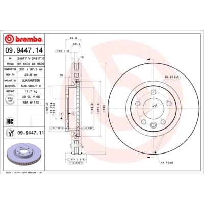 Immagine di BREMBO COATED DISC LINE 09.9447.11 Disco freno 333 32,5 5 ventilazione interna rivestito ad alto tenore di carbonio VOLKSWAGEN: Transporter Bus