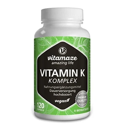 Immagine di Vitamaze® Vitamina K Complesso 2200 mcg con K2 MK7 + MK4 y K1 Menachinone ad Alto Dosaggio e Vegan, 120 Capsule, Biodisponibilità Ottimale, senza Additivi. Qualitá Tedesca