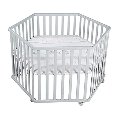 Immagine di roba Box per Bambini + Materasso Sternenzauber con Elefantini, Esagonale, Ruote Freni, Base Regolabile in Altezza, da 0 a 24 Mesi, Legno Laccato Grigio