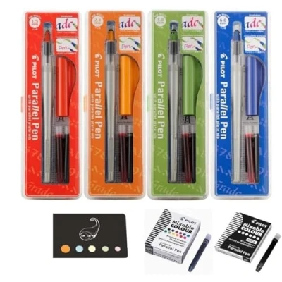 Immagine di Pilot, Parallel Pen, Set di 4 confezioni: 1,5 mm + 2,4 3,8 6 12 cartucce inchiostro colori assortiti nere 1 righello segnalibro in legno Blumie