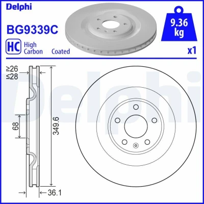 Immagine di DELPHI BG9339C Disco freno 350 28 5 ventilato rivestito ad alto tenore di carbonio senza cuscinetto ruota, anello sensore ABS AUDI: Q8, Q7