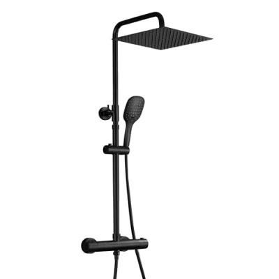 Immagine di JOHO Colonna Doccia con Miscelatore, Saliscendi Altezza Regolabile Set Termostatico Sistema a Pioggia Soffione Silicone e Doccetta Nero (25 * 25cm)