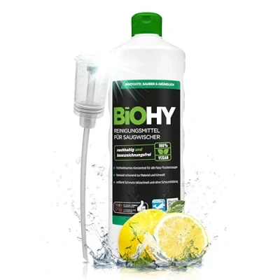 Immagine di BiOHY Detergente per scopa aspirante (Bottiglia da 1l) + Distributore Concentrato 1:200 aspiraliquidi ideale piastrelle, PVC, parquet e moquette ecologico (Saugwischer)