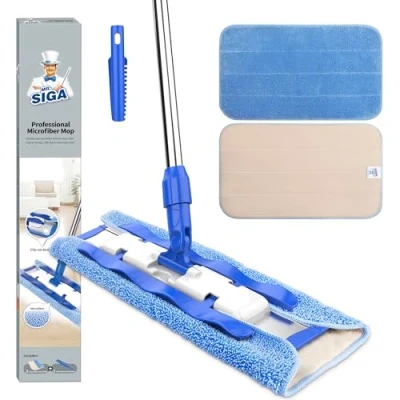 Immagine di MR.SIGA Professionale Mop in Microfibra con Maniglia Acciaio Inossidabile per Pavimento di Lengo, Marmo, Mattonella include 3 Pad Riutilizzabili e 1 Scrubber la Rimozione dello Sporco
