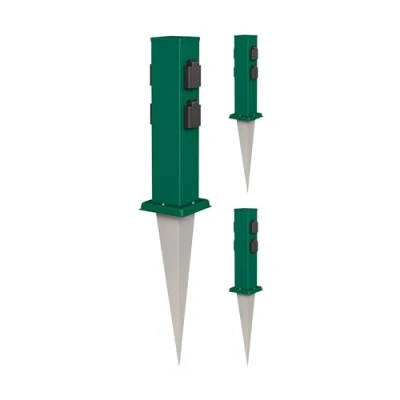 Immagine di ledscom.de 3 prese da giardino a colonna Polly con picchetto terra per esterni, IP44, 4 vie, in acciaio inox, quadrate, verdi, 40cm