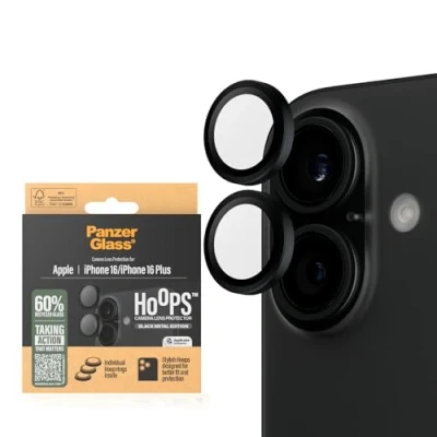 Immagine di Hoops by PanzerGlass Protezione per fotocamera iPhone 16 o Plus e Stile, Resistente ai Graffi, agli Urti, Rifinitura in Alluminio Nero, applicazione facile