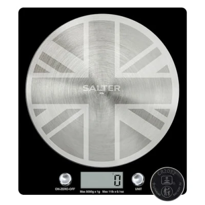Immagine di Salter 1036 UJBKDR bilancia da cucina digitale design sottile, cucina/casa, piattaforma in acciaio inox filata, Aggiungi e pesa, misura liquidi/fluidi, display LCD, capacità massima 5KG nero