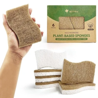 Immagine di AIRNEX spugne da cucina naturali, confezione 6, in cellulosa e buccia di cocco, per lavare i piatti, inodore, antigraffio, noce, ecologiche, ad asciugatura rapida