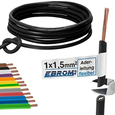 Immagine di Cavo di cablaggio Singolo flessibile 1,5 mm2 in PVC H07V K mm² Colore: nero molte lunghezze disponibili incrementi 5 metri, lunghezza: 10 m