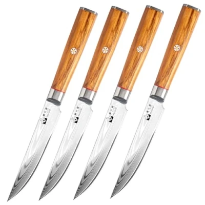 Immagine di FUJUNI Set Coltelli da Bistecca Lama Liscia, 4 Pezzi, Coltello Damasco 12,5CM, 67 Strati Acciaio VG10 Tavola Professionale con Manico in Legno d&#039;Ulivo