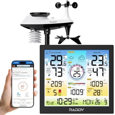 Immagine di Raddy WF 120C Wi Fi Stazione meteorologica professionale, Wireless monitor di temperatura e umidità per interni ed esterni con sensore esterno 7 in 1, Pluviometro, Velocità del vento, Indice UV