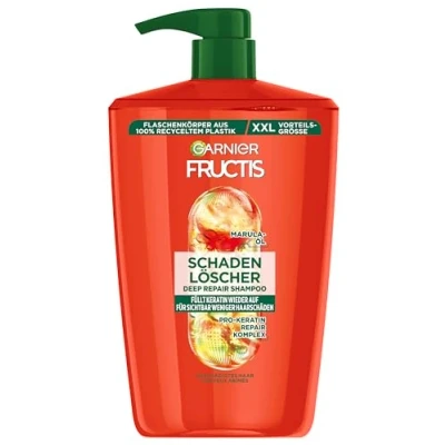 Immagine di Garnier Fructis Shampoo riparatore per capelli danneggiati, XXL, con olio di Amla e proteine vegetali cheraproteine meno doppie punte, maxi formato, 1000 ml