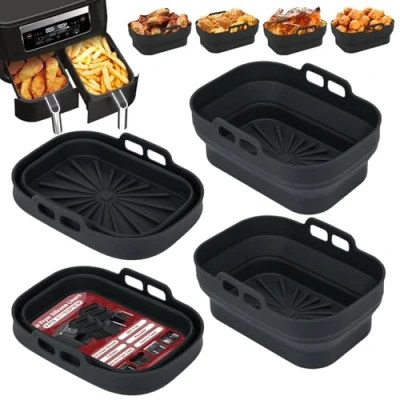 Immagine di Alyvisun Teglia per Friggitrice ad Aria, 4 Pezzi Stampi Silicone Air Fryer Riutilizzabile Contenitore Teglie Aria Contenitori Cestello Vaschette Airfryer, Forno, Microonde (Nero)