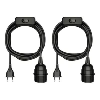 Immagine di ledscom.de 2 pezzi cavo tessile LEKA, spina, interruttore, nero, 3 m, presa lampada, 1x E27 max. 60W