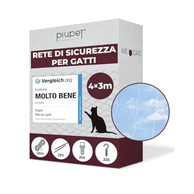 Immagine di PiuPet® Rete per Gatti I Trasparente 4x3m incl. Corda di Fissaggio Balcone Protezione e Finestra