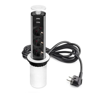 Immagine di Emuca Blocco multipresa a scomparsa con 3 prese schEUo EU e 2 porte USB, torretta per piano lavoro di cucina o scrivania, Verniciato bianco, Tecnoplastica Alluminio