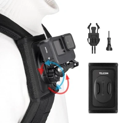 Immagine di TELESIN Supporto da Zaino e Spallacci per GoPro Hero 13 12 11 10 9 8, DJI OSMO Action, Insta360, con Rotazione a 360 Gradi,Attacco Borsa Gancio Regolabile Pad J, Fotocamera di Azione Accessori