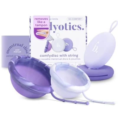Immagine di Bodyotics Comfydisc: 2 dischi mestruali riutilizzabili (S &amp; L) con cordino estraibile per un facile inserimento e rimozione, protezione a prova di perdite 12 ore, silicone sicuro il corpo